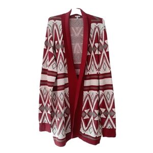 Charlotte Russe Tribal Print Open Front Cardigan, Burgundy & Beige, XL